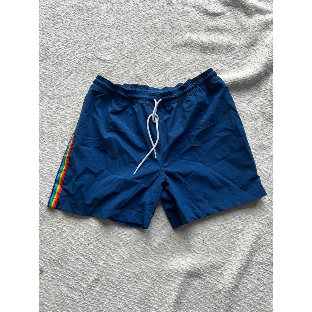 Chubbies Mens Swim Trunks Navy Blue Rainbow Stripe Mesh Liner Small 5.5 Inseam